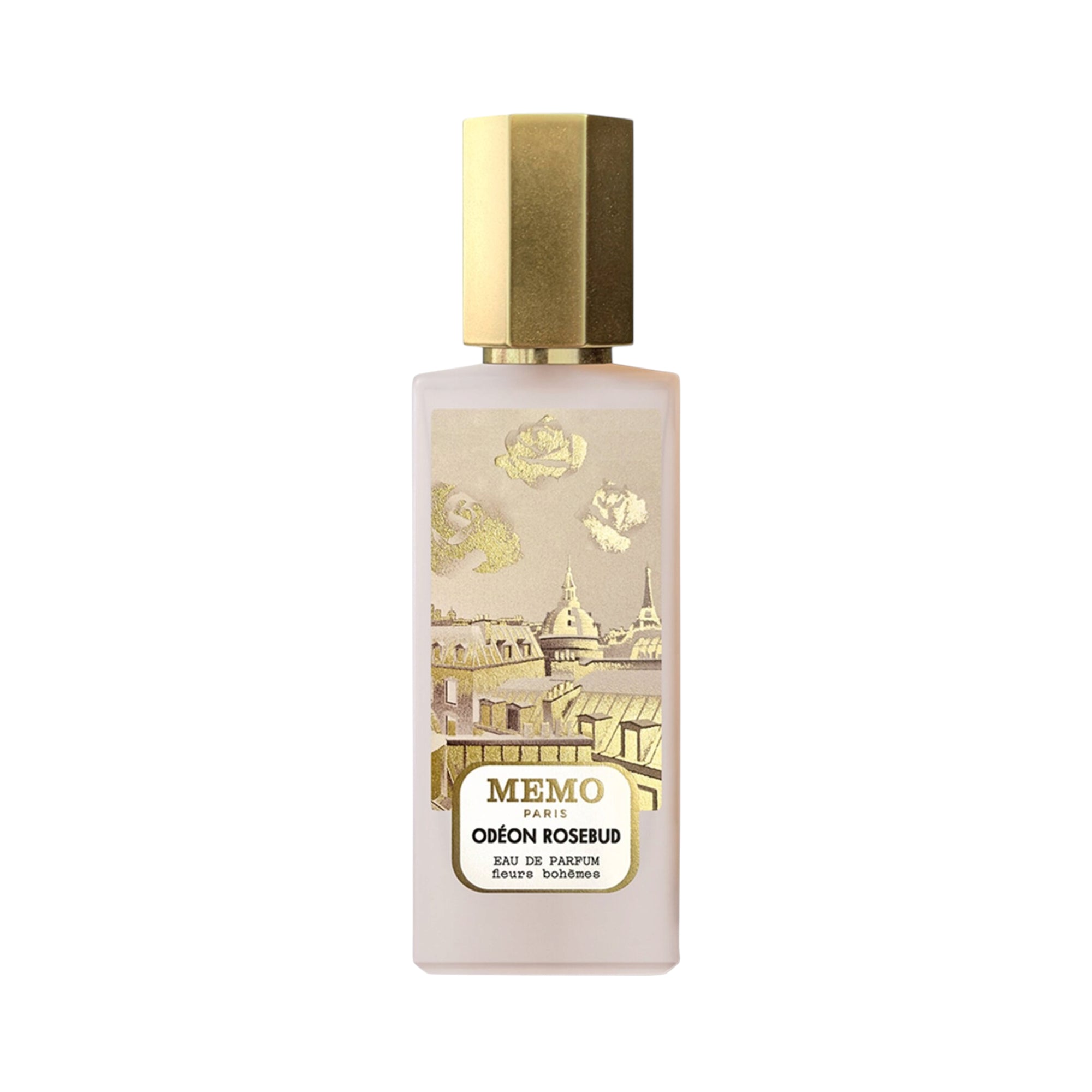 Frosted rectangular perfume bottle with a gold-toned hexagonal cap and a label depicting a gold and cream Parisian cityscape
