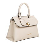 Beige textured leather top-handle bag with a flap closure, gold-toned turn-lock clasp, and a hanging leather tag. Gold-toned