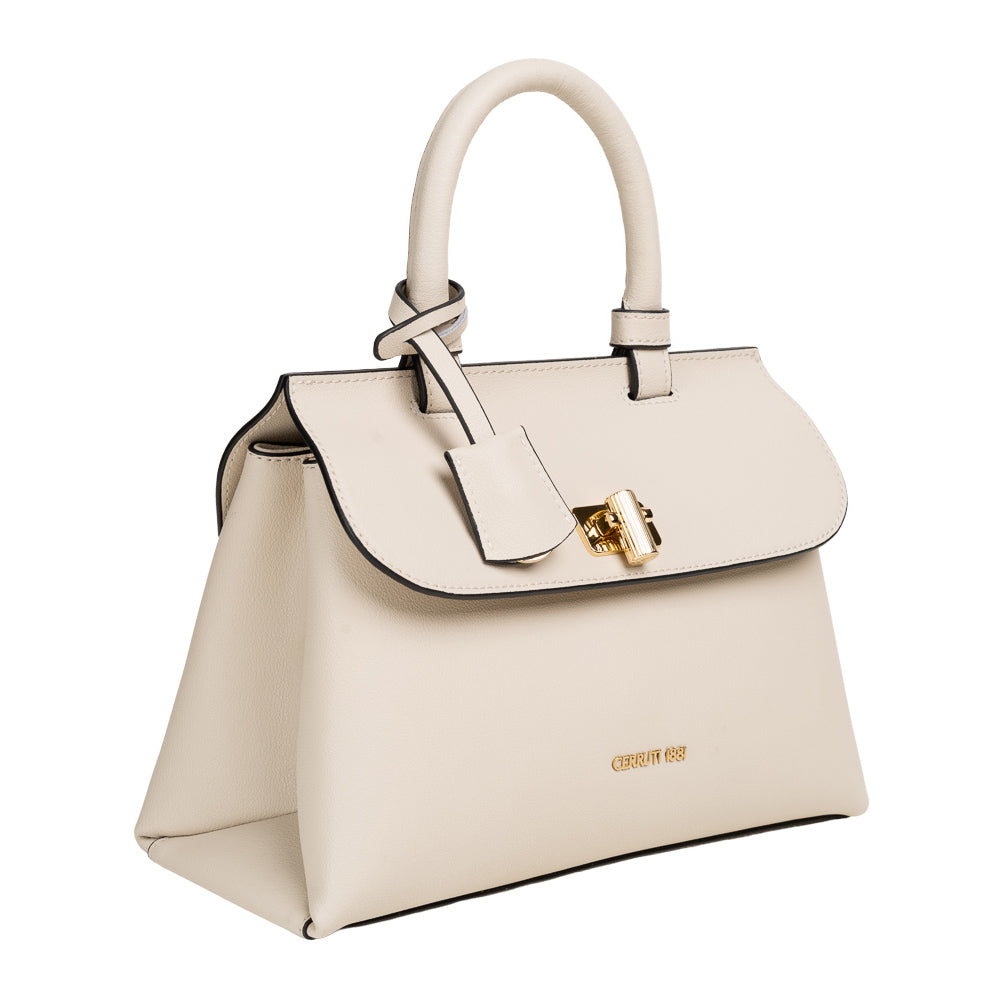 Beige textured leather top-handle bag with a flap closure, gold-toned turn-lock clasp, and a hanging leather tag. Gold-toned