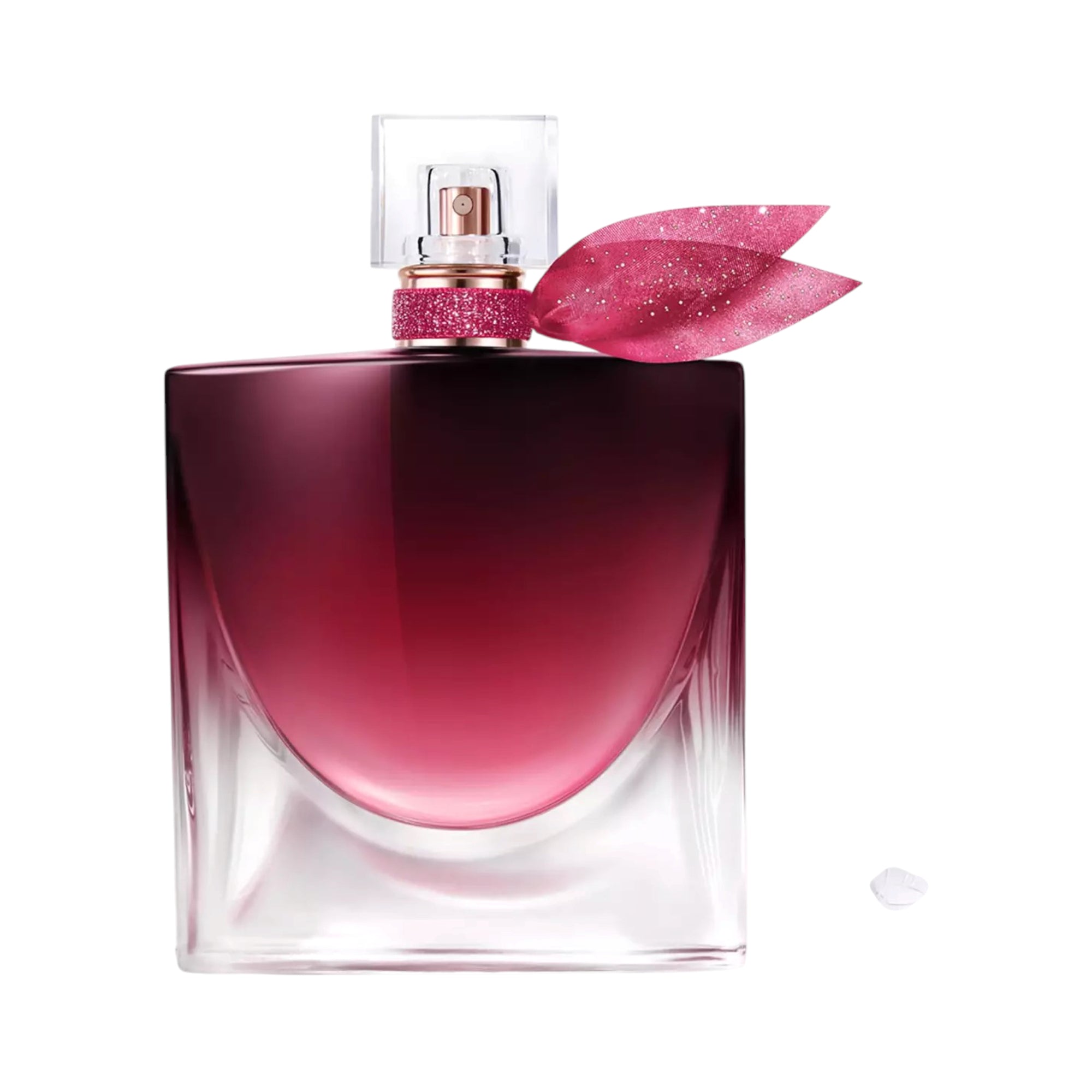 Lancome La Vie est Belle Elixir EDP bottle with deep red to clear gradient liquid, glittery pink neck band and sparkling pink