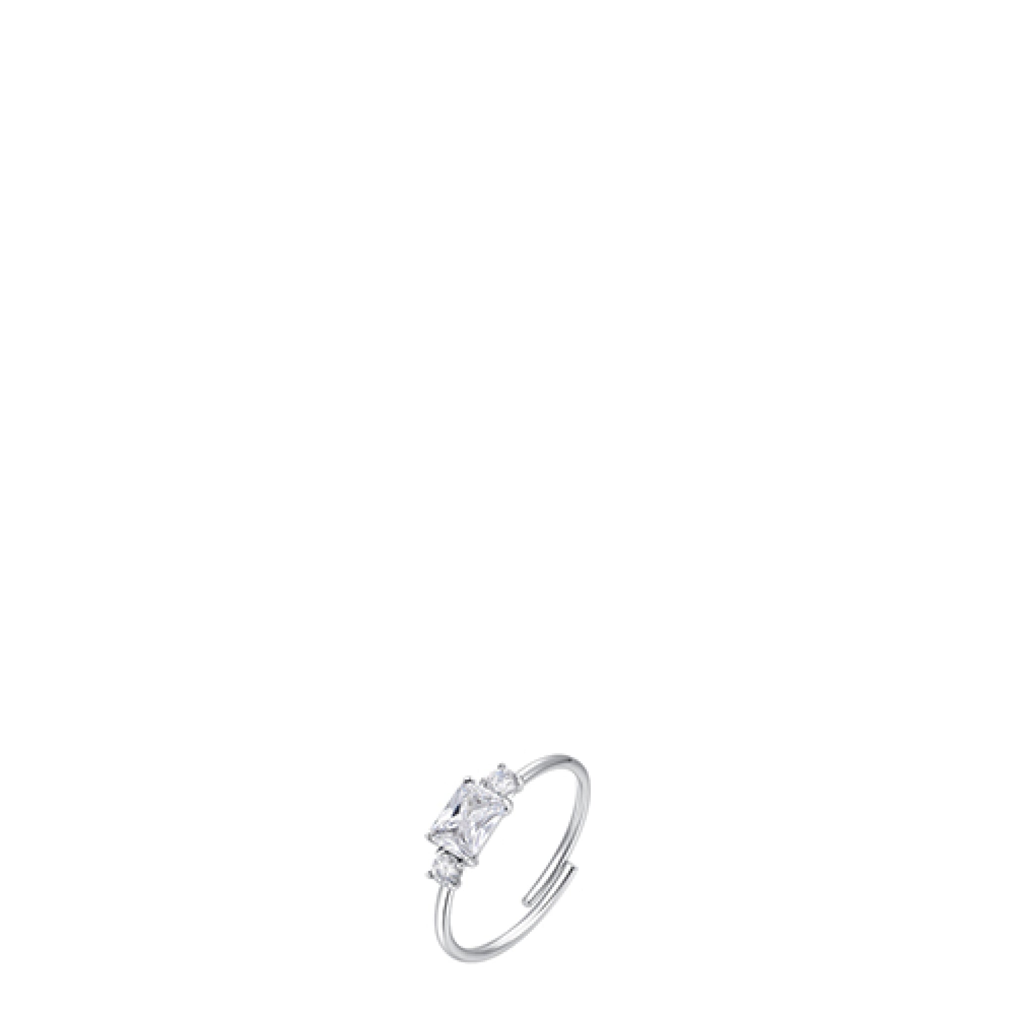 Silver-toned open-ended ring with a central rectangular white zircon flanked by two smaller round white zircons.