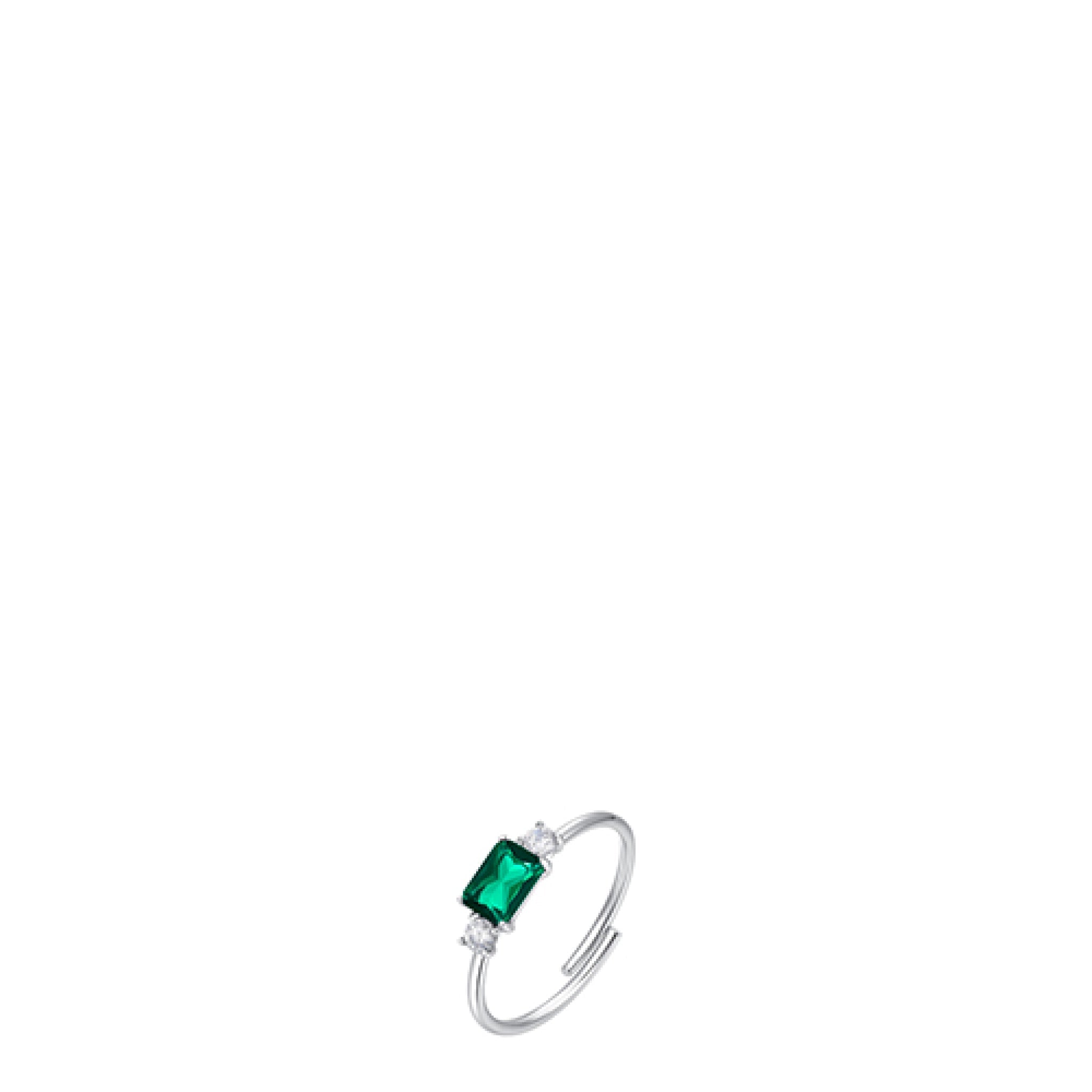 Silver-toned open-ended women's steel ring with a central green rectangular zircon and two white round zircons.
