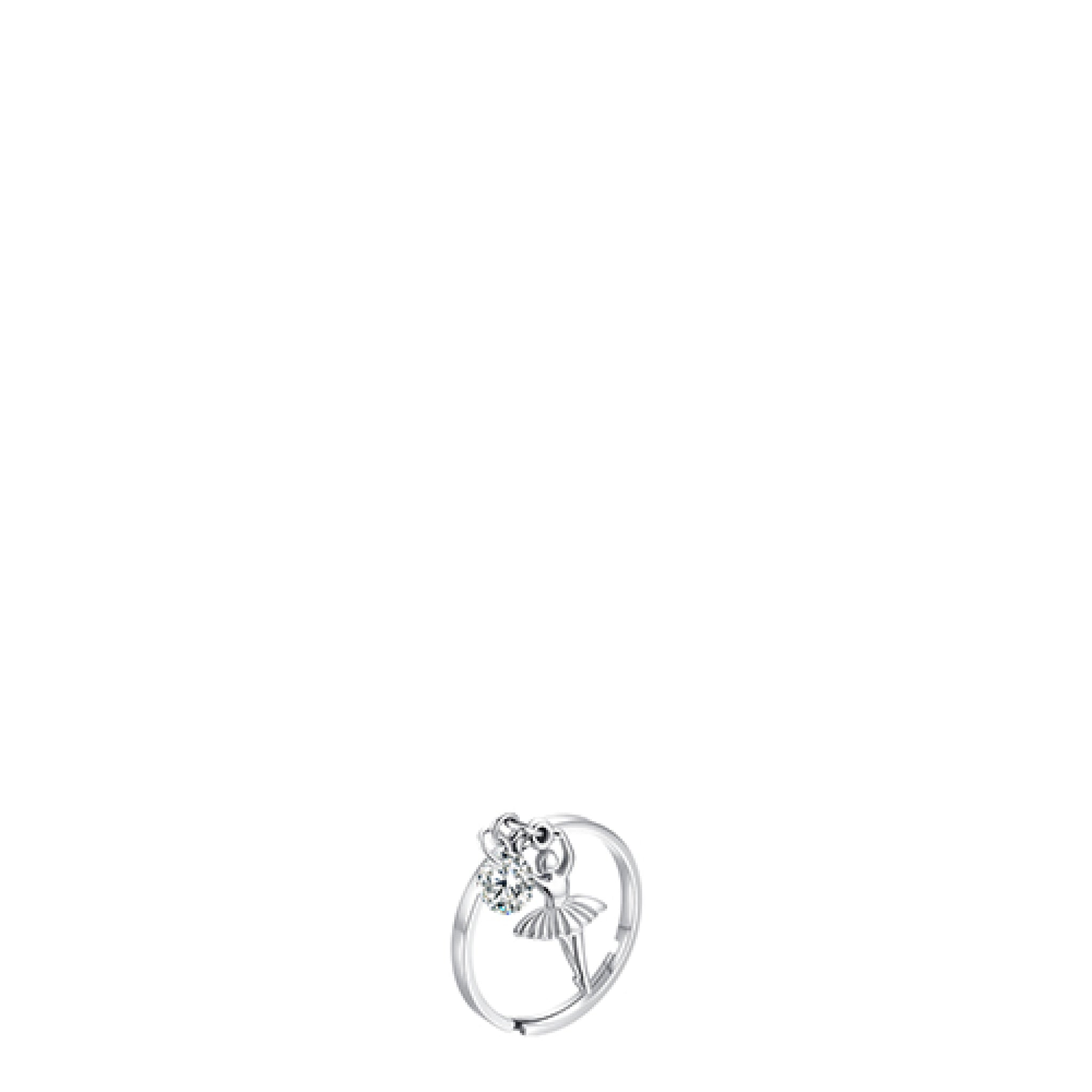 Silver-toned steel open-band ring with a ballerina figure and a round white zircon stone.