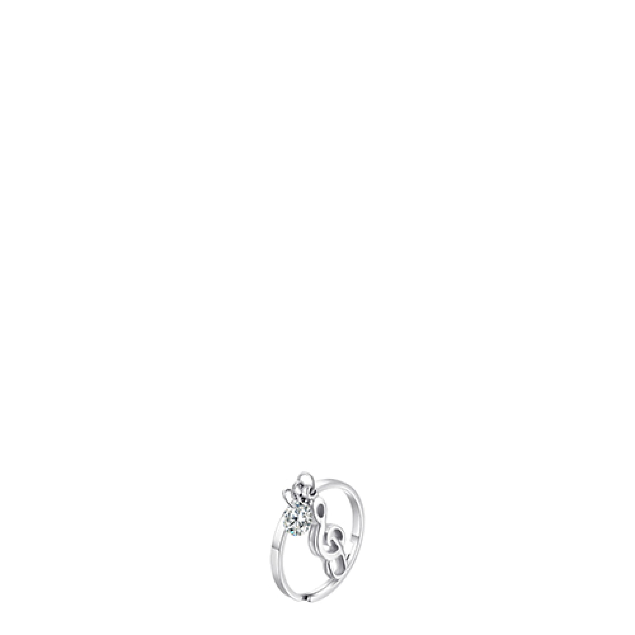Silver-toned steel ring with a clear round zircon on one end and a treble clef musical note on the other.