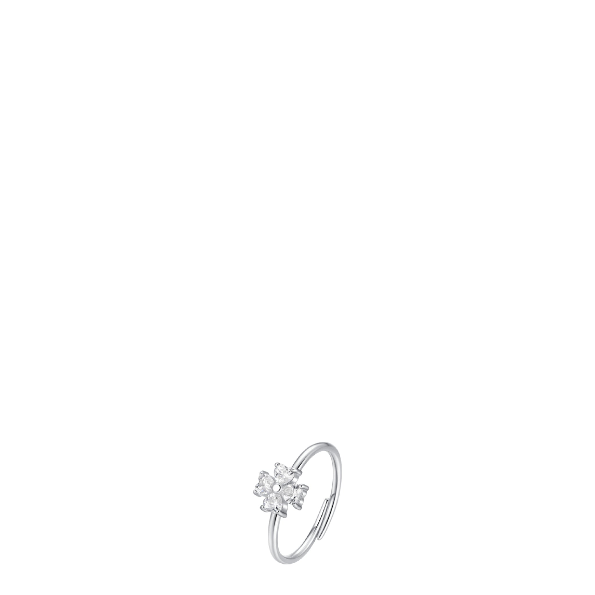 Silver-toned open-band ring with a four-leaf clover motif, each leaf set with a clear white zircon stone.
