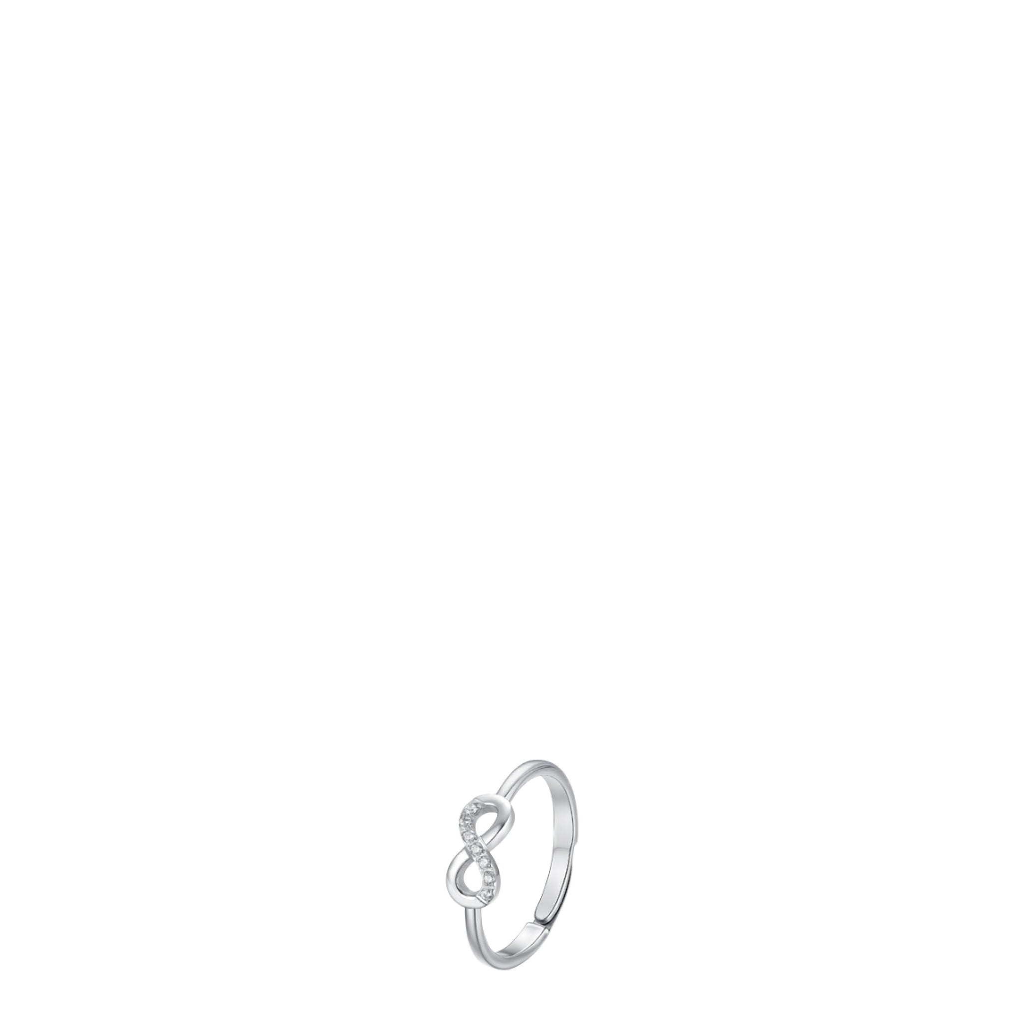 Silver-toned steel ring with an infinity symbol design, one loop embellished with white zircons.