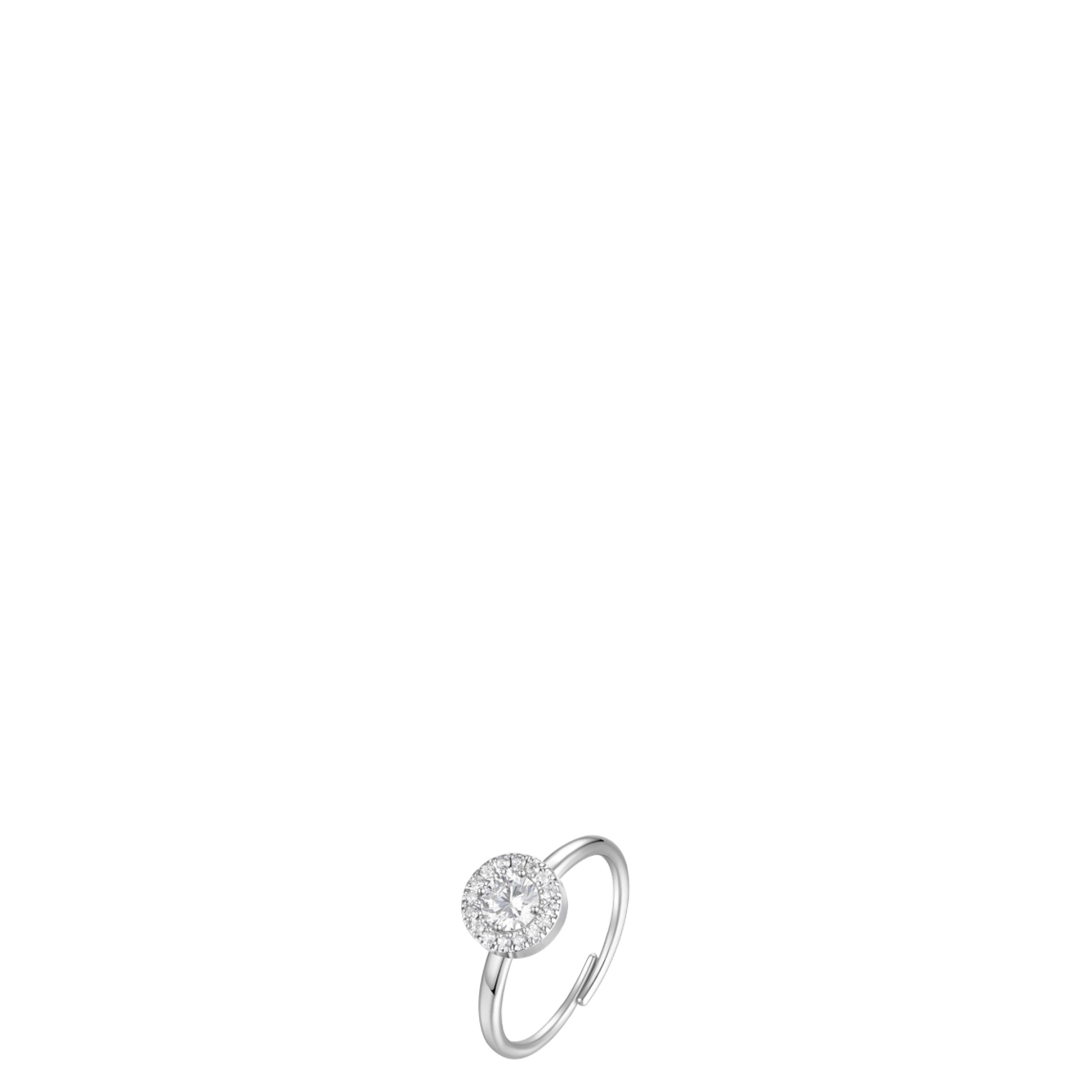 Silver-toned steel adjustable ring with a central white zirconia stone surrounded by smaller white zirconia stones in a halo