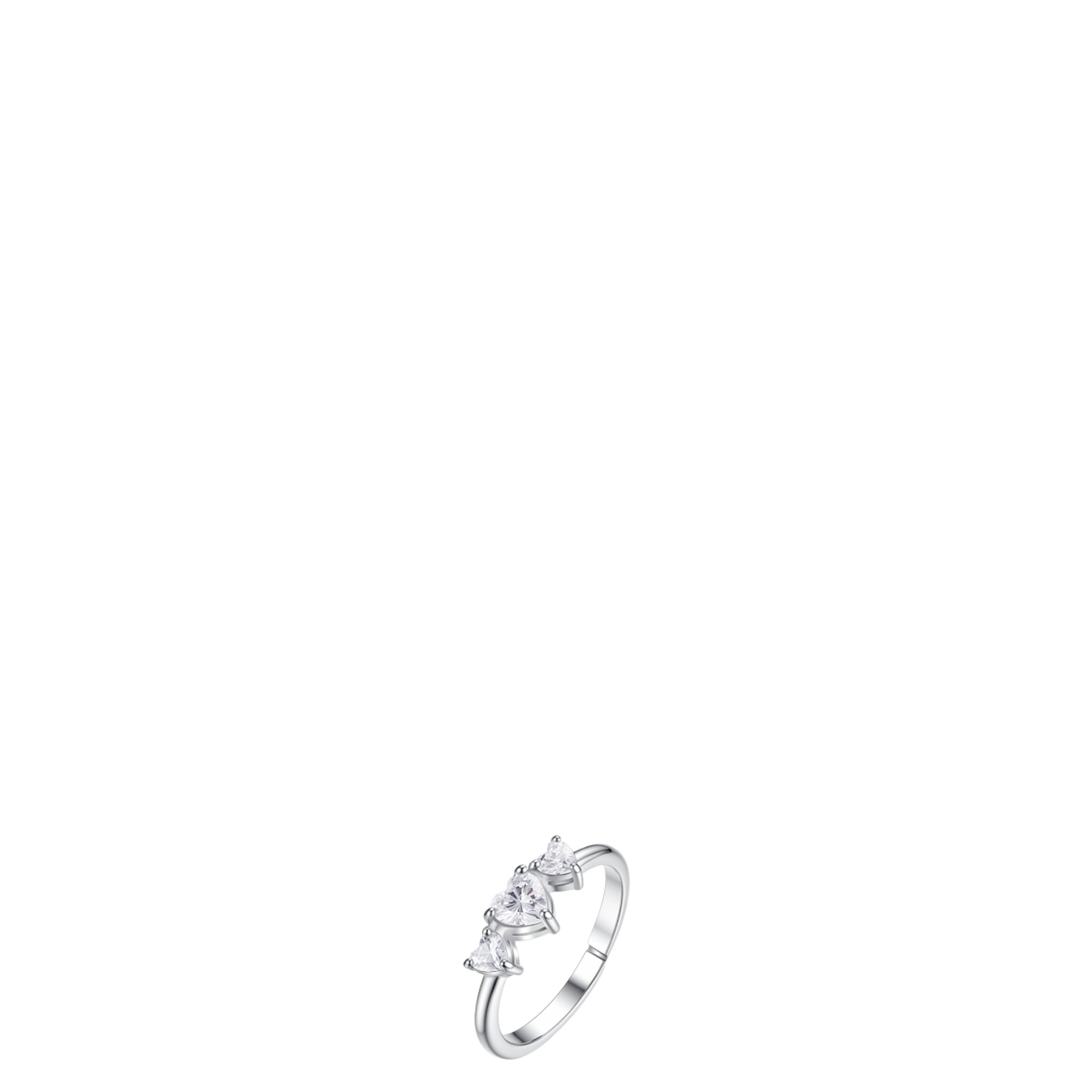 Silver-toned steel ring with three clear heart-shaped zircons, the largest in the centre, set on a slender band.