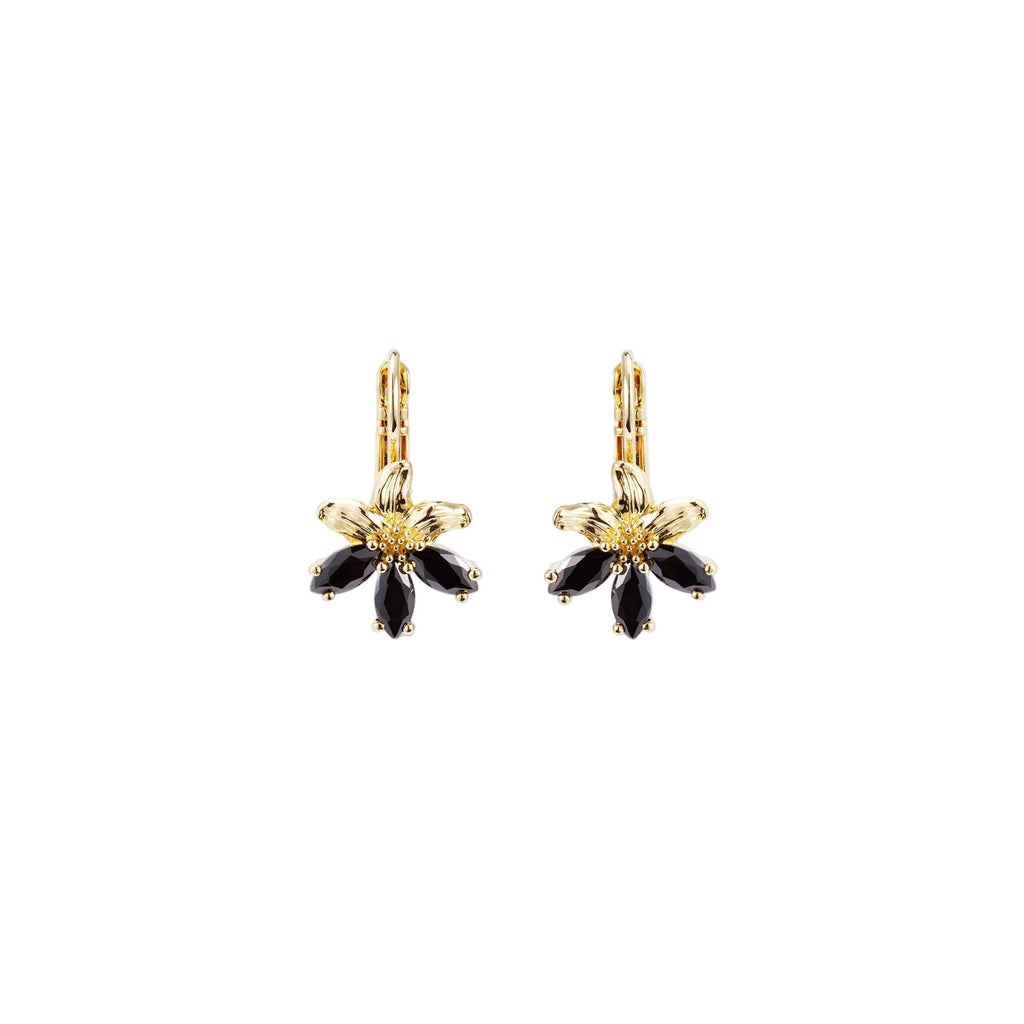 Pair of gold-toned sleeper earrings, each featuring a five-petal floral design with black marquise-cut stones.