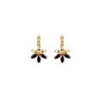 Pair of gold-toned sleeper earrings, each featuring a five-petal floral design with black marquise-cut stones.