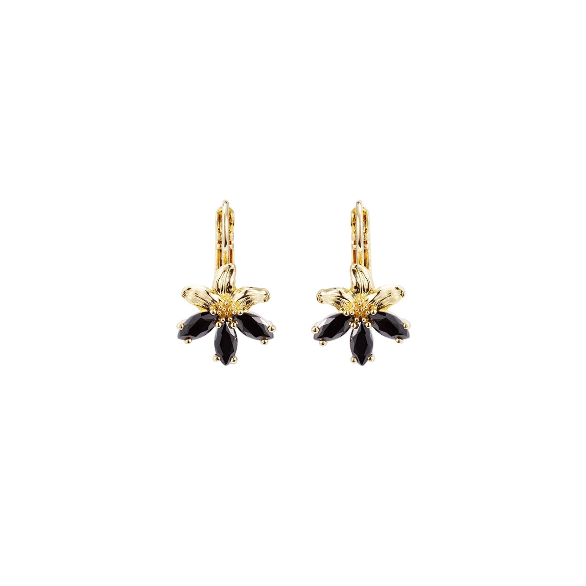 Pair of gold-toned sleeper earrings, each featuring a five-petal floral design with black marquise-cut stones.