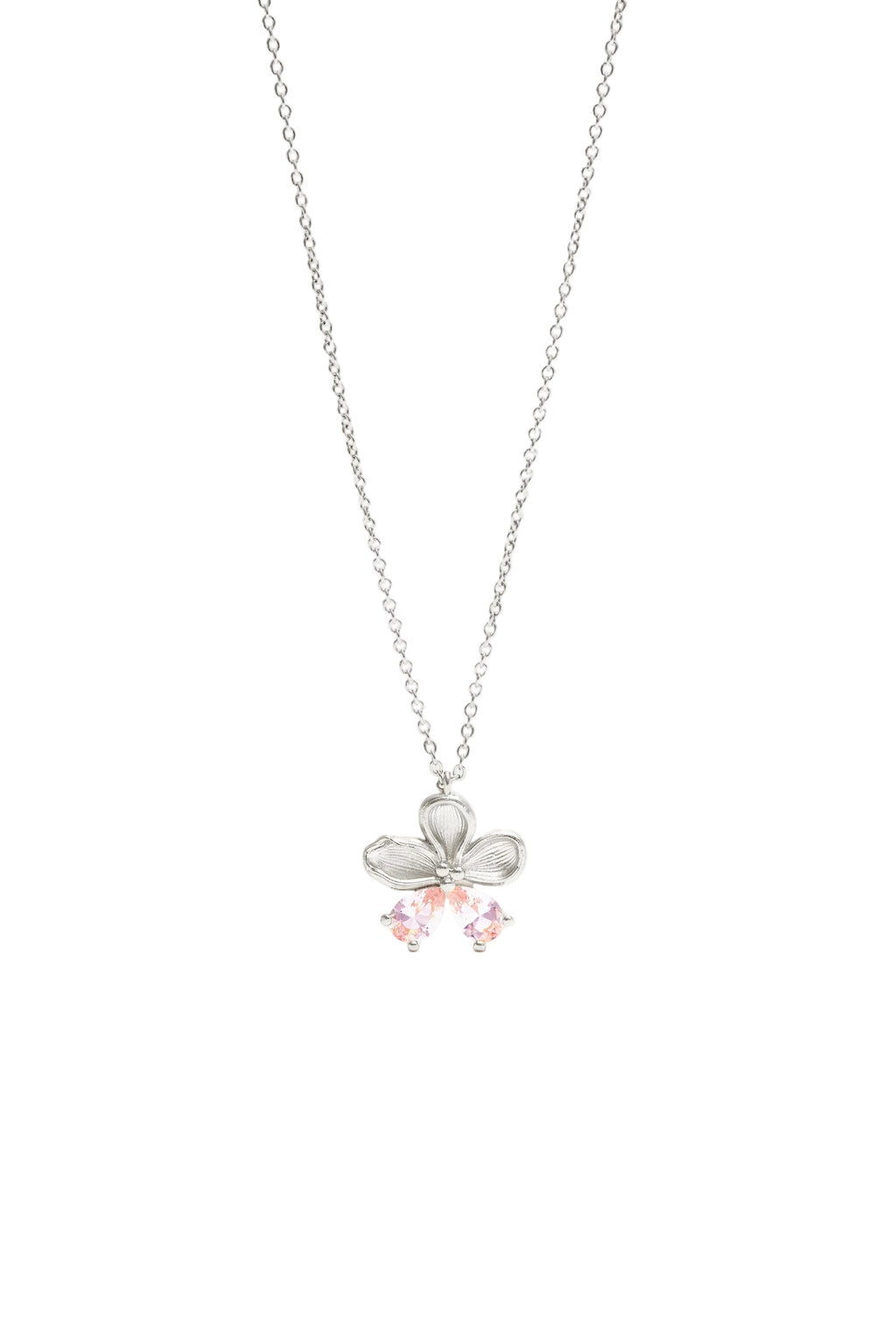 Silver-toned necklace with a flower pendant. The pendant has textured silver-toned petals and two dangling round, faceted lig