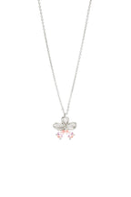 Silver-toned necklace with a flower pendant. The pendant has textured silver-toned petals and two dangling round, faceted lig