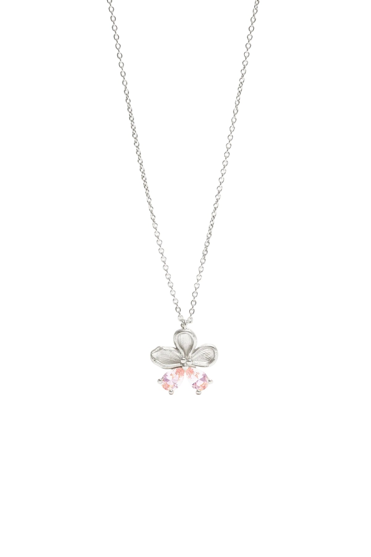 Silver-toned necklace with a flower pendant. The pendant has textured silver-toned petals and two dangling round, faceted lig
