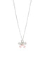 Silver-toned necklace with a flower pendant. The pendant has textured silver-toned petals and two dangling round, faceted lig