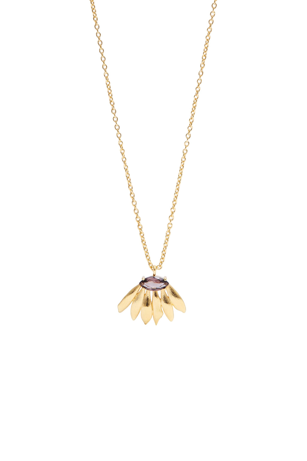 Gold-toned necklace with a delicate chain and a pendant featuring an oval purple faceted stone atop textured, fanned gold-ton