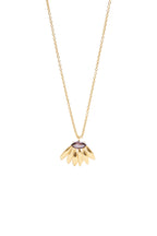 Gold-toned necklace with a delicate chain and a pendant featuring an oval purple faceted stone atop textured, fanned gold-ton