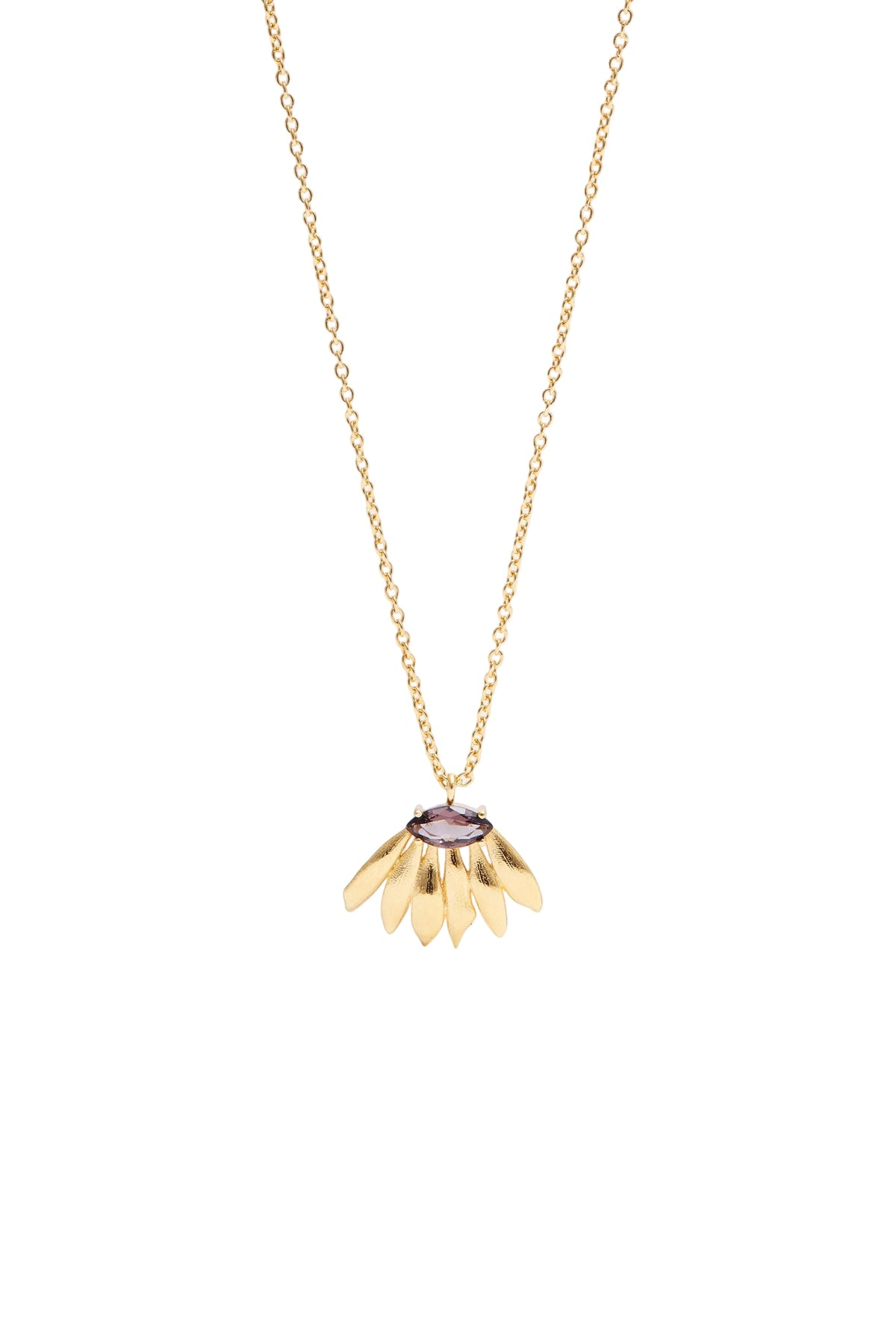 Gold-toned necklace with a delicate chain and a pendant featuring an oval purple faceted stone atop textured, fanned gold-ton
