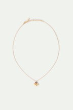 Gold-toned delicate chain necklace with a stylised gold-toned floral pendant featuring small white beads and a central purple
