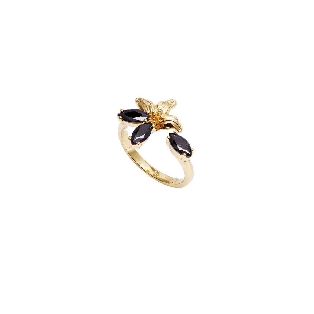 Gold-toned adjustable ring with a textured floral design and four black marquise-cut stones.