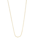Gold-toned delicate chain necklace with small, uniform oval links, laid flat.