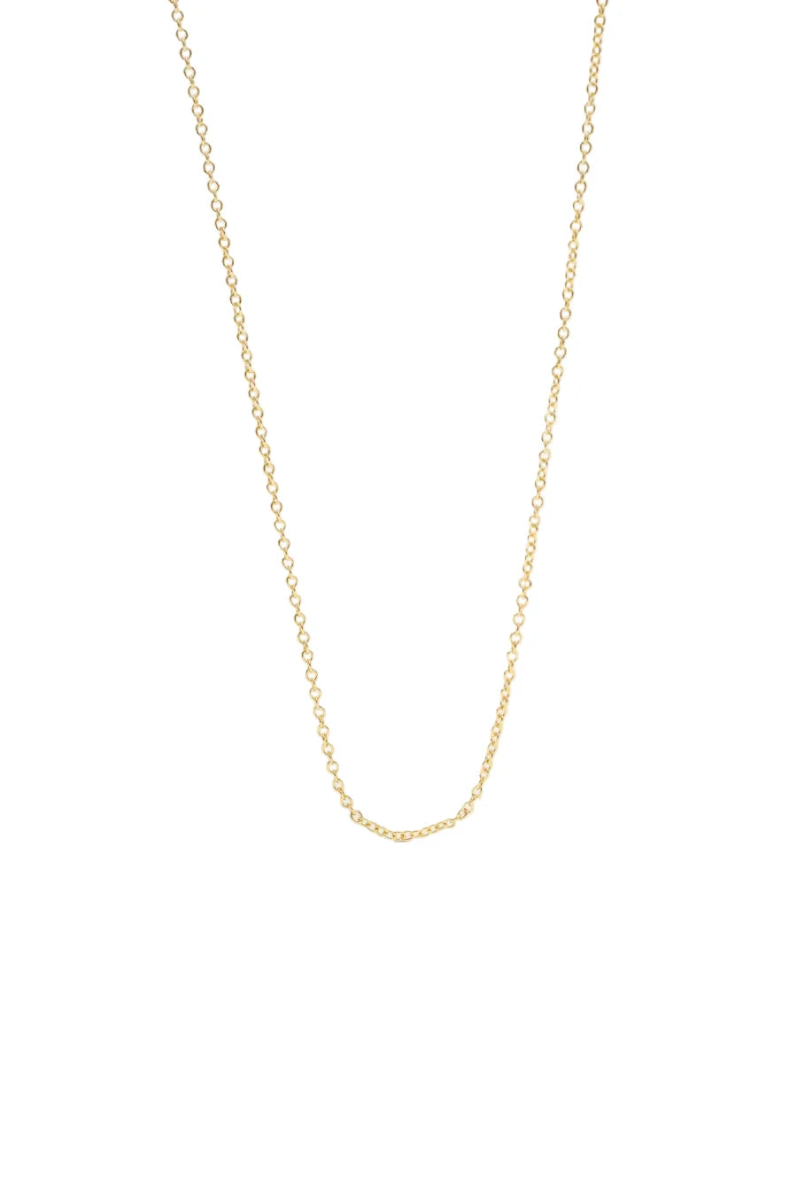 Gold-toned delicate chain necklace with small, uniform oval links, laid flat.