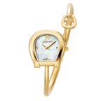 A front studio catalog portrait of the women's Aigner Flora L watch, highlighting its yellow gold-plated horseshoe case, textured checkered Mother of Pearl dial, and the wrapping tubular bangle bracelet with its matching horseshoe logo charm.