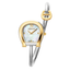 A direct studio front catalog portrait of the women's Aigner Flora L watch, highlighting its two-tone gold and silver horseshoe case, textured checkered white Mother of Pearl dial, and the wrapping tubular steel bangle with its contrast yellow gold horseshoe logo charm.