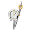 A direct studio front catalog portrait of the women's Aigner Flora S watch, highlighting its polished silver stainless steel horseshoe case, gold-tone inner bezel trim, textured checkered white Mother of Pearl dial, and the wrapping tubular steel bangle with its contrast yellow gold horseshoe logo charm.