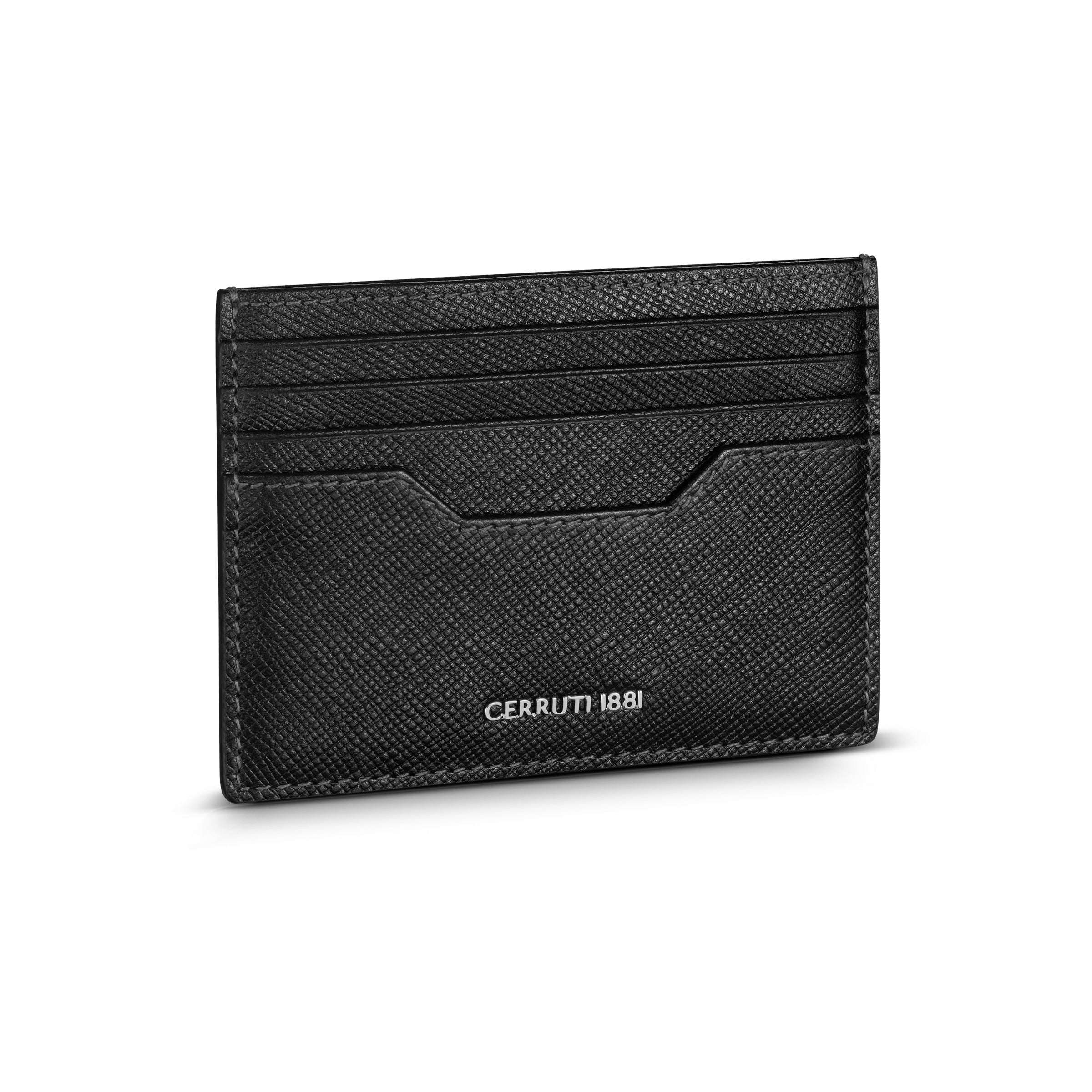 An angled studio perspective shot of the Cerruti 1881 Croce card case, emphasizing its extremely thin and pocket-friendly profile alongside the silver metallic lettering.