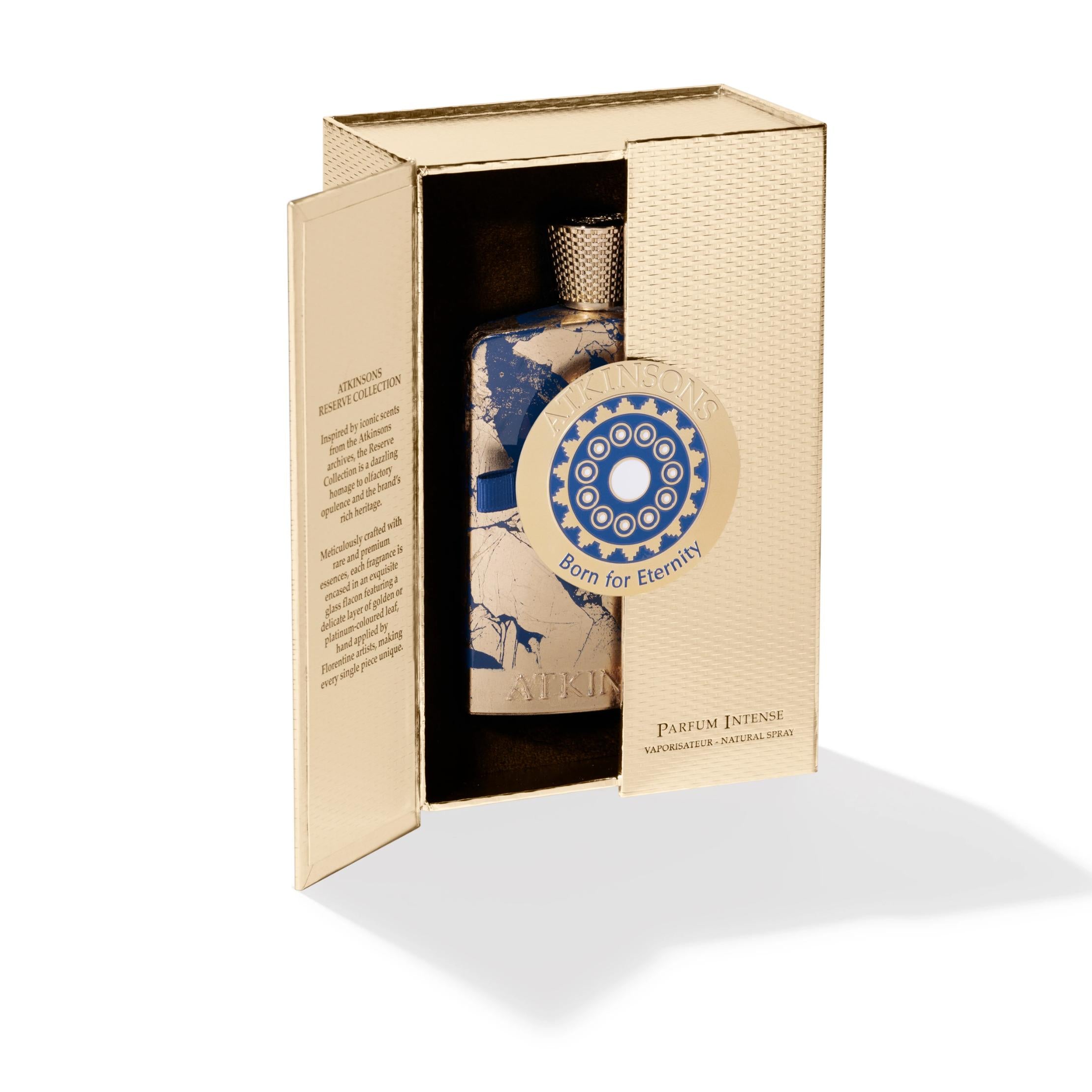 Atkinsons Born For Eternity Parfum Intense Natural Spray 100ml luxury blue and gold fragrance bottle.