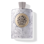Silver textured perfume bottle by Atkinsons featuring a central gold circular emblem with a geometric mosaic pattern and the text "Platinum Blend."