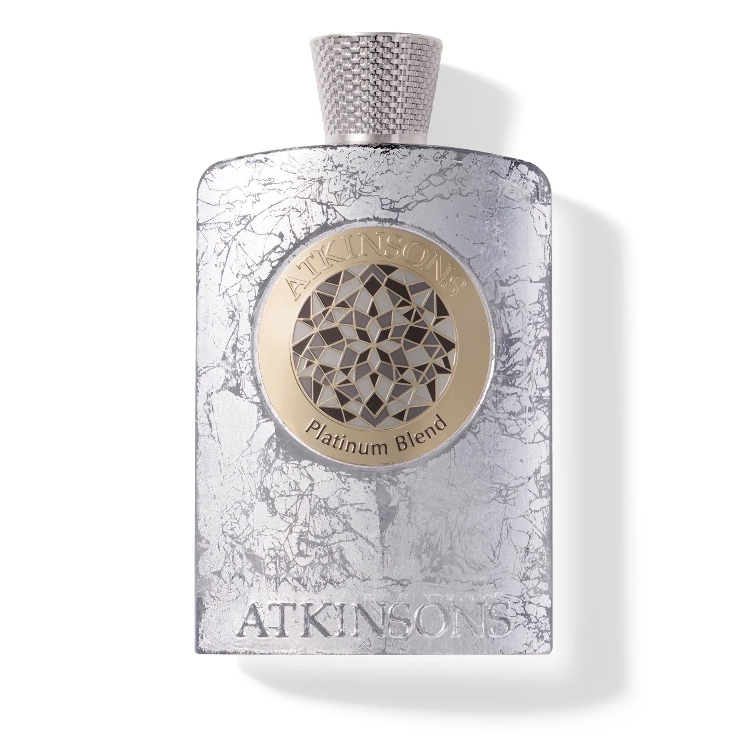Silver textured perfume bottle by Atkinsons featuring a central gold circular emblem with a geometric mosaic pattern and the text "Platinum Blend."
