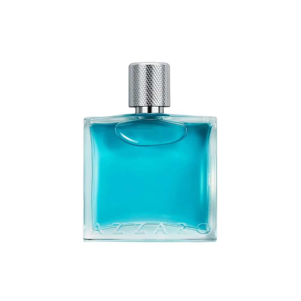 Azzaro Chrome Eau de Toilette for Men in a clear glass bottle with fresh blue fragrance, available online at Paris Gallery Qatar
