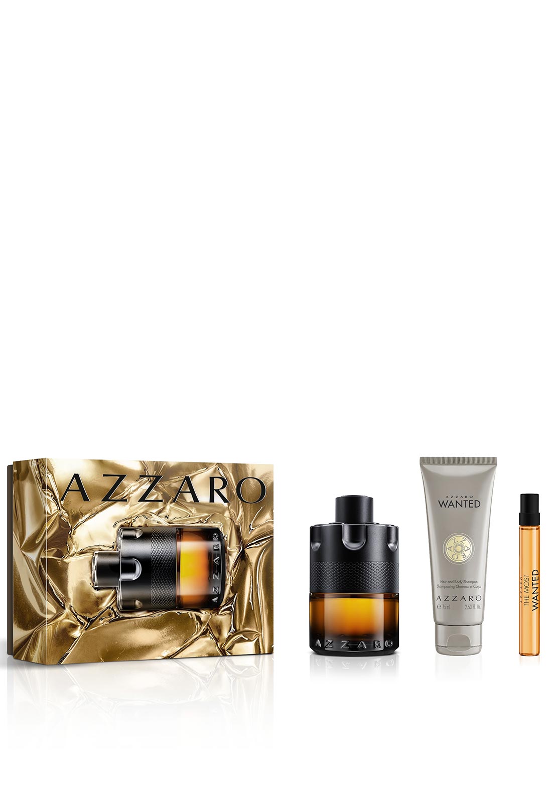 Azzaro The Most Wanted Perfume Trio Gift Set for Men with 100ml perfume, 75ml shampoo, and 10ml travel spray, available for online purchase at Paris Gallery Qatar