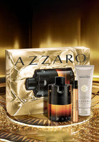 Azzaro The Most Wanted Perfume Trio Gift Set for Men with 100ml perfume, 75ml shampoo, and 10ml travel spray, available for online purchase at Paris Gallery Qatar