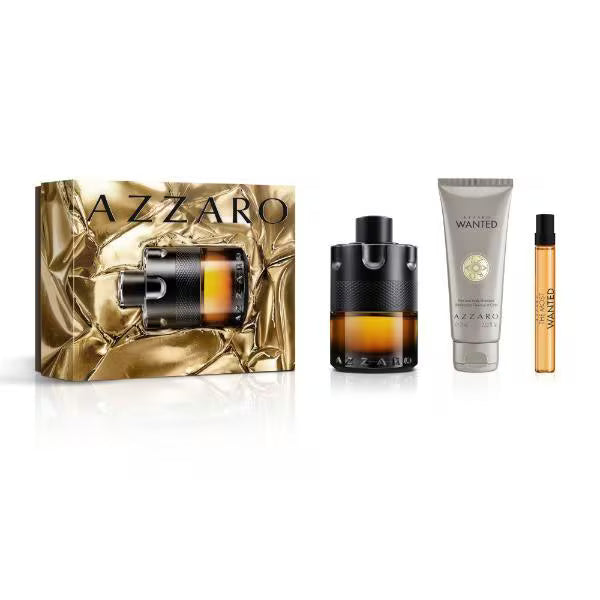 Azzaro The Most Wanted Perfume Trio Gift Set for Men with 100ml perfume, 75ml shampoo, and 10ml travel spray, available for online purchase at Paris Gallery Qatar Main image
