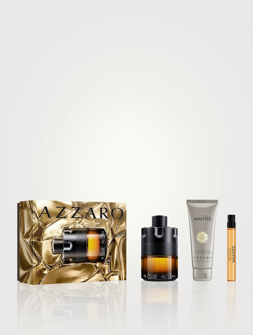 Azzaro The Most Wanted Perfume Trio Gift Set for Men with 100ml perfume, 75ml shampoo, and 10ml travel spray, available for online purchase at Paris Gallery Qatar
