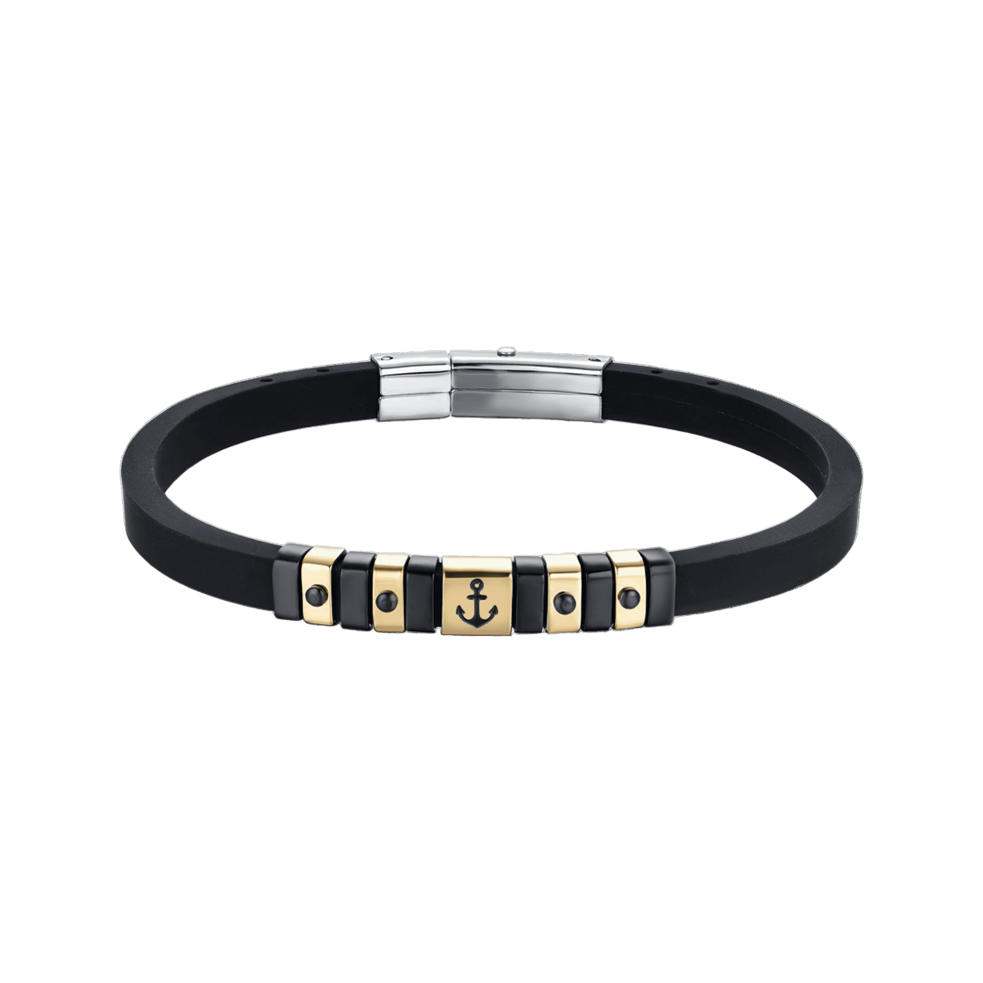 Luca Barra Gents Black Silicone Bracelet With Ip Gold and Black Anchor