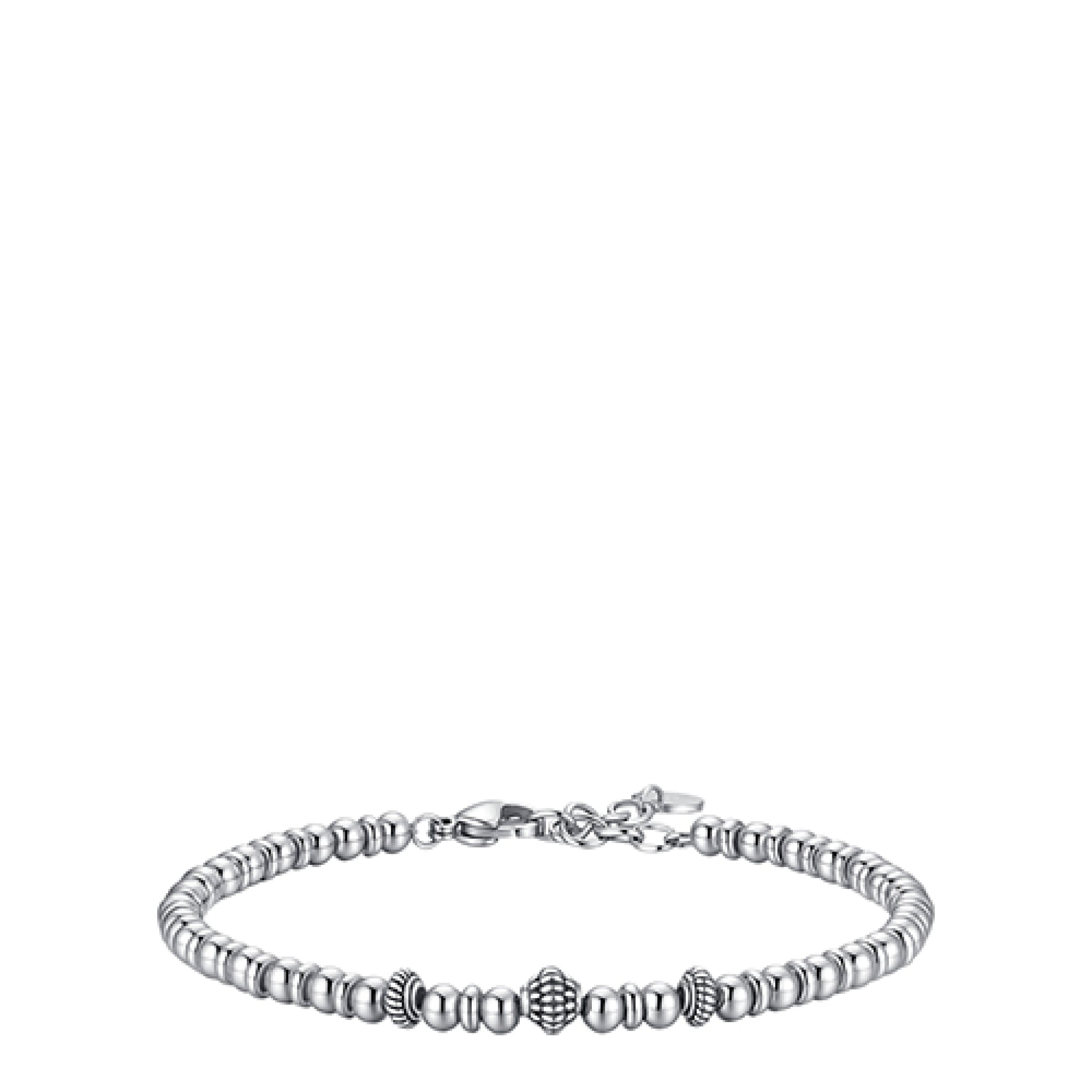 Silver-toned men's beaded bracelet with spherical and textured steel elements, lobster clasp, and extender chain.