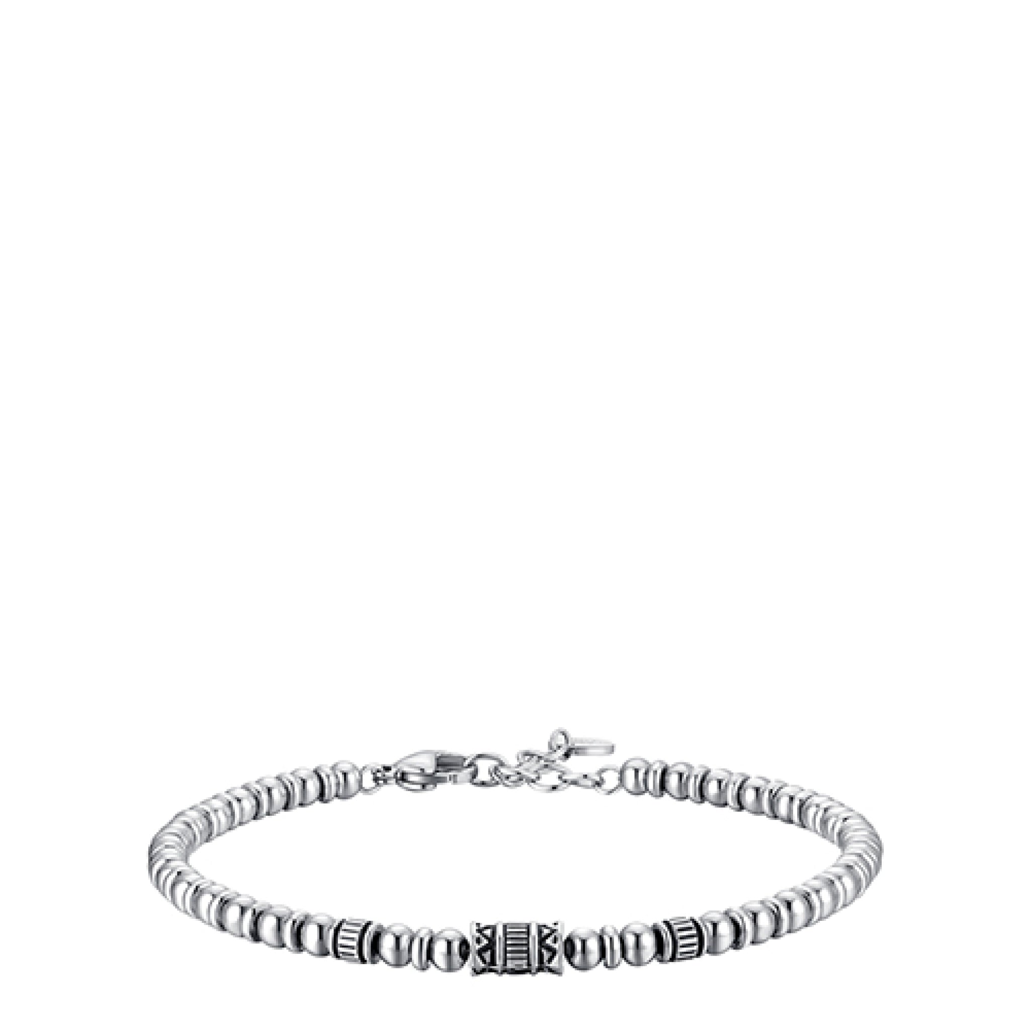 Silver-toned men's steel beaded bracelet with patterned vintage effect elements and a lobster clasp