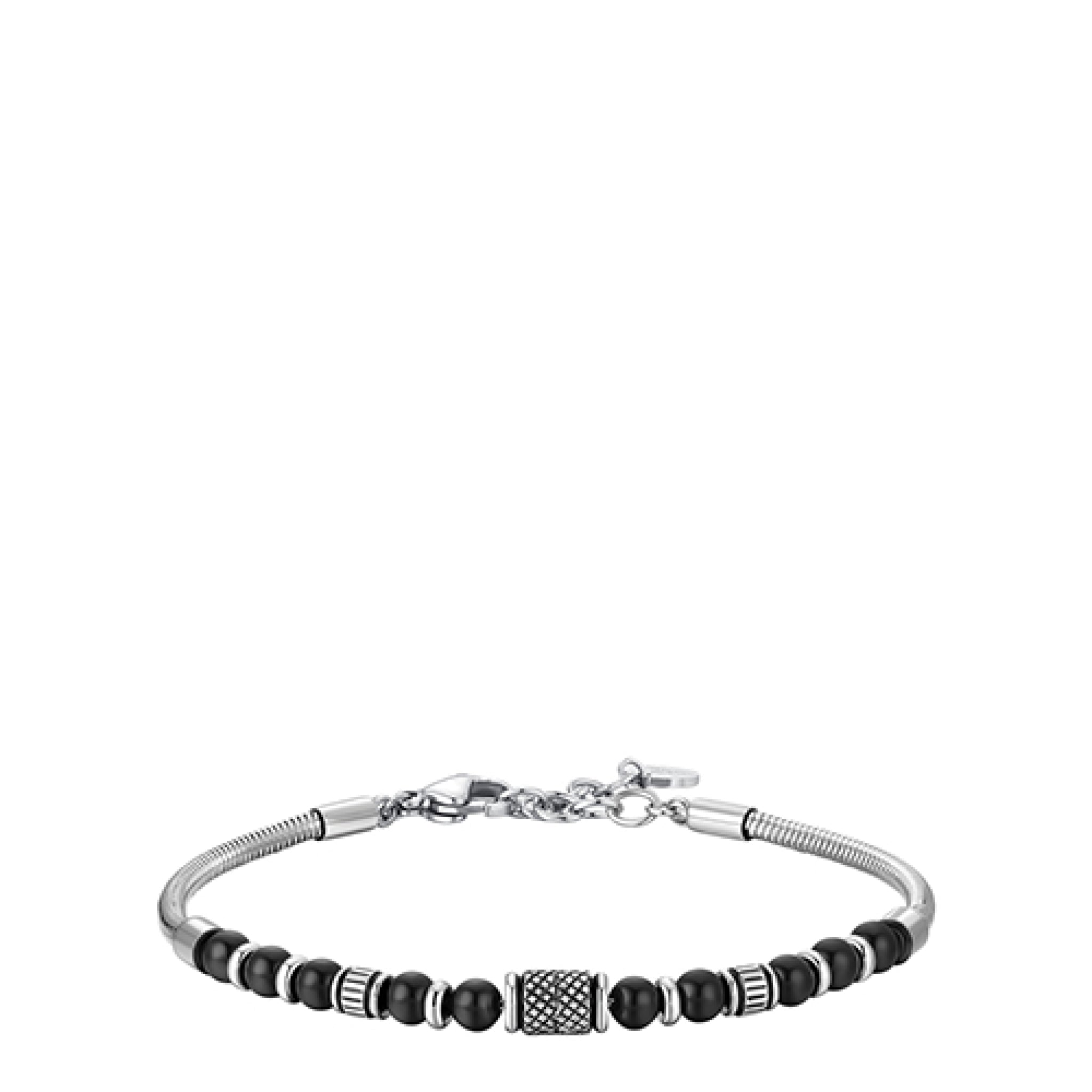 Men's silver-toned steel bracelet with black spherical beads and a textured central barrel element, featuring a lobster clasp