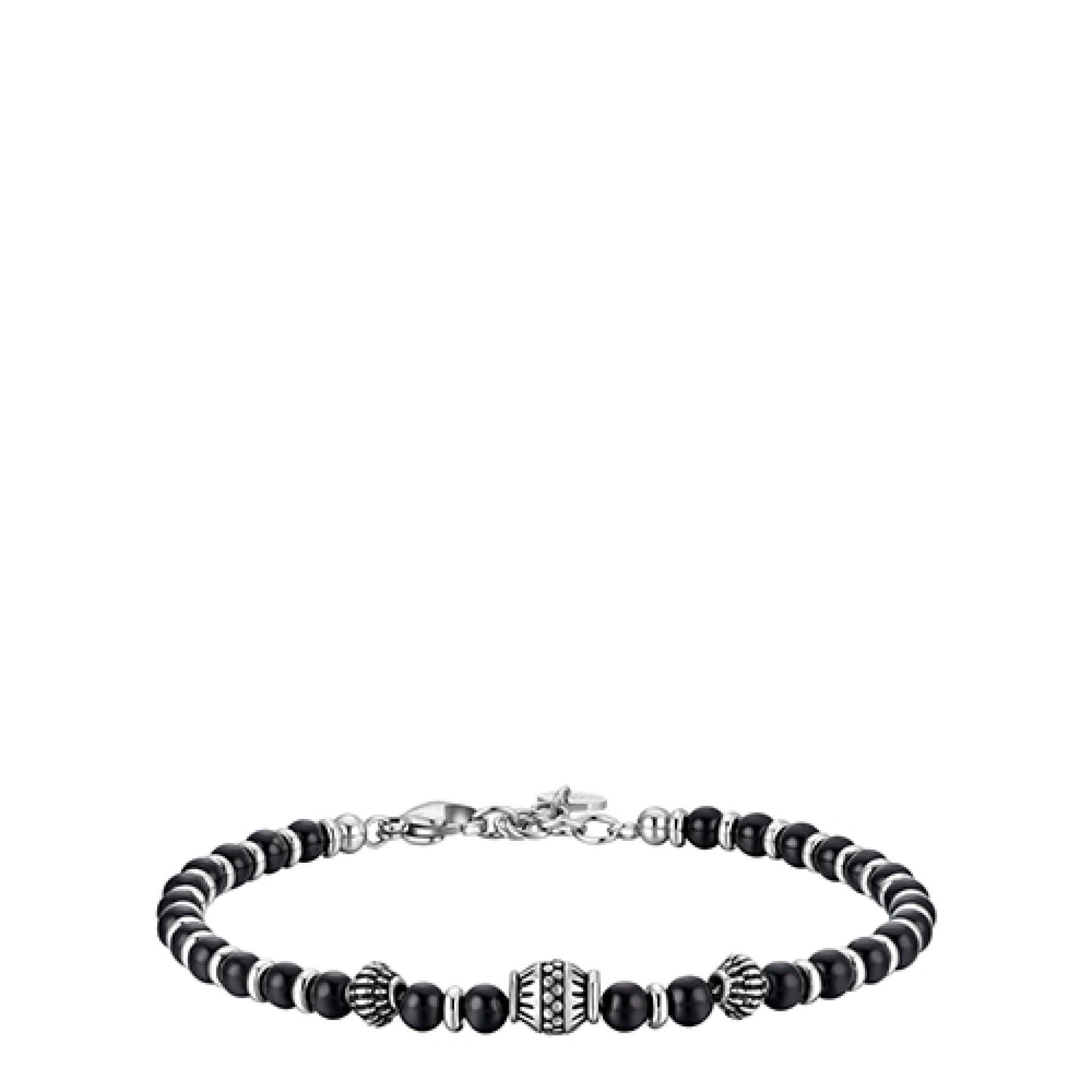 Men's bracelet with black spherical beads and silver-toned steel vintage-effect cylindrical and spherical elements, with a lo