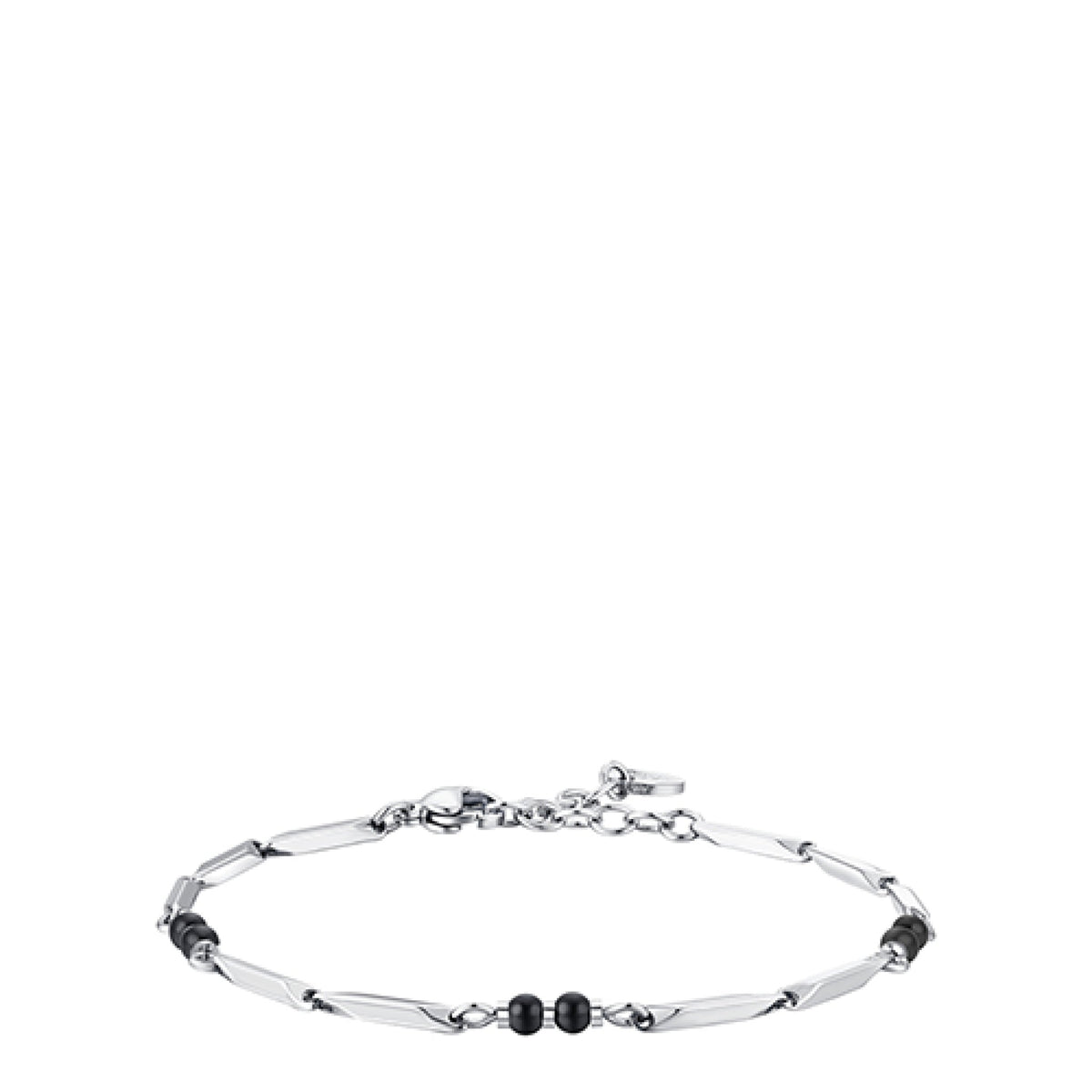 Silver-toned steel bracelet with elongated, faceted bar links and small black spherical agate stones, featuring a lobster cla Main image