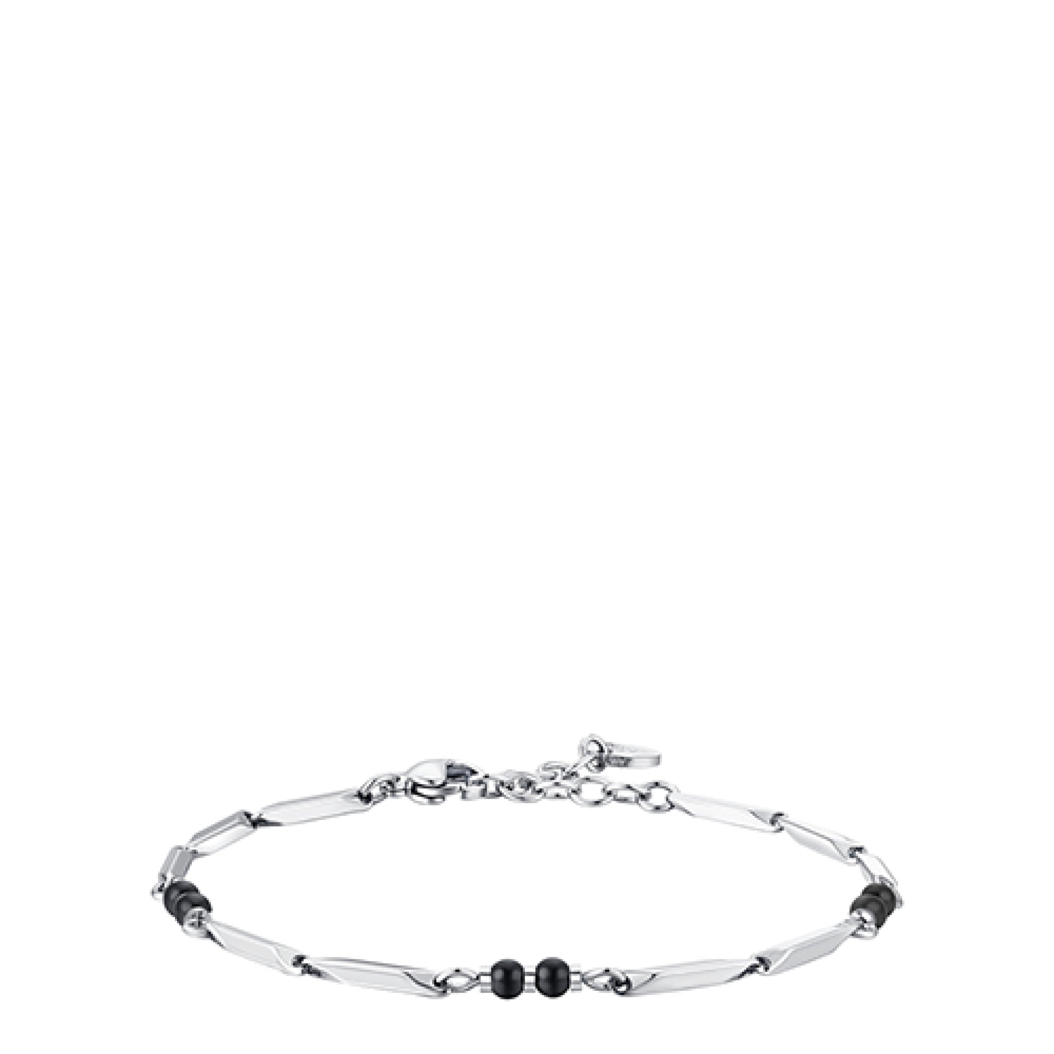 Silver-toned steel bracelet with elongated, faceted bar links and small black spherical agate stones, featuring a lobster cla