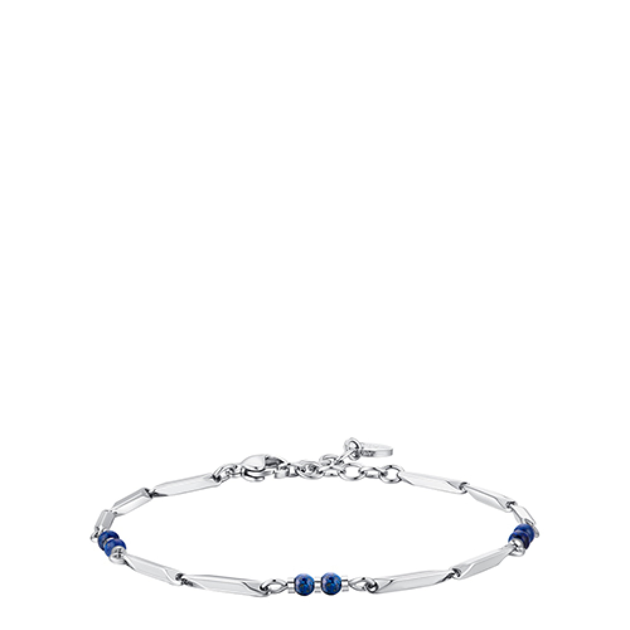 Men's silver-toned steel bracelet with elongated links and blue lapis lazuli stone beads, featuring a lobster clasp.