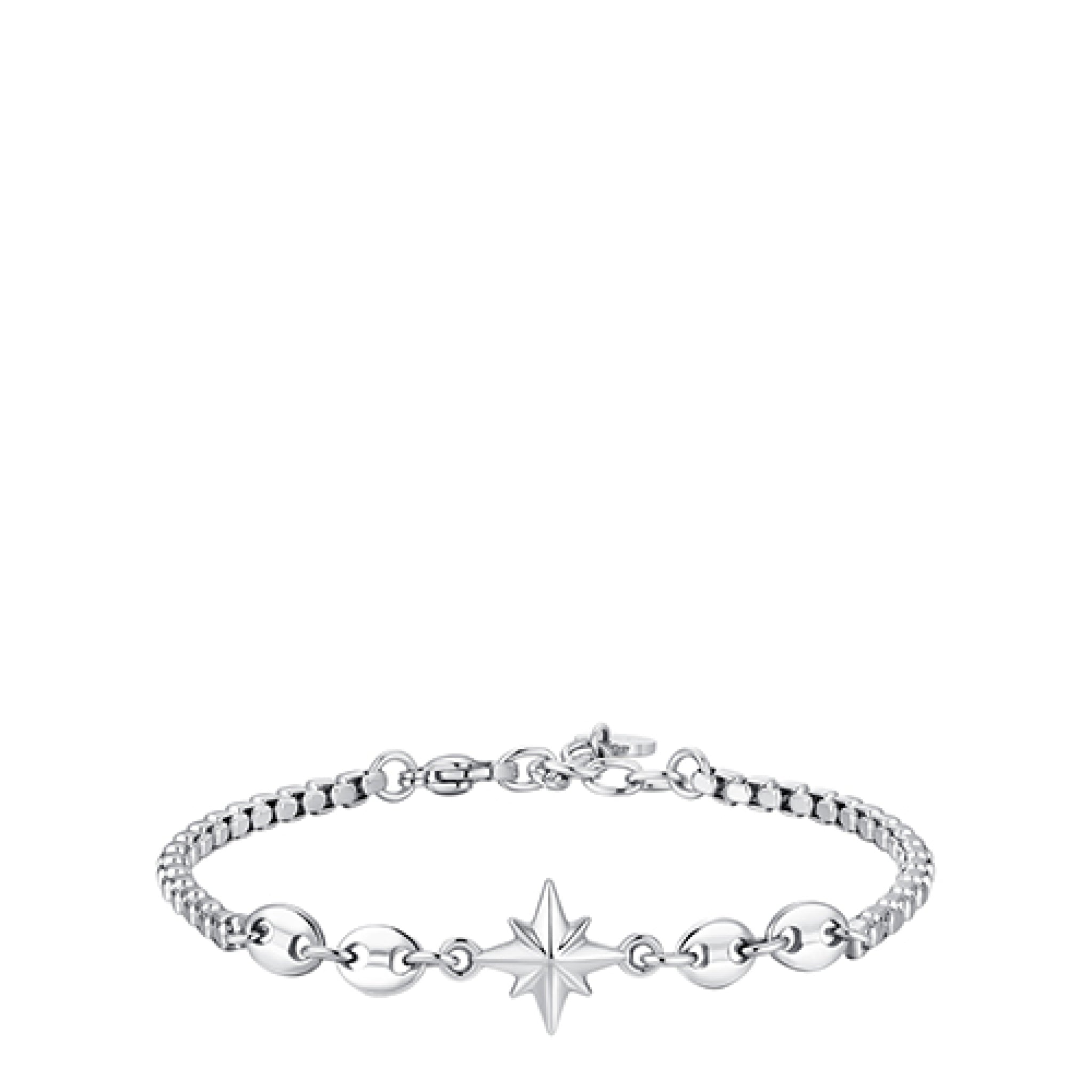 Silver-toned men's steel bracelet with a central wind rose charm and mixed link chain, secured by a lobster clasp.