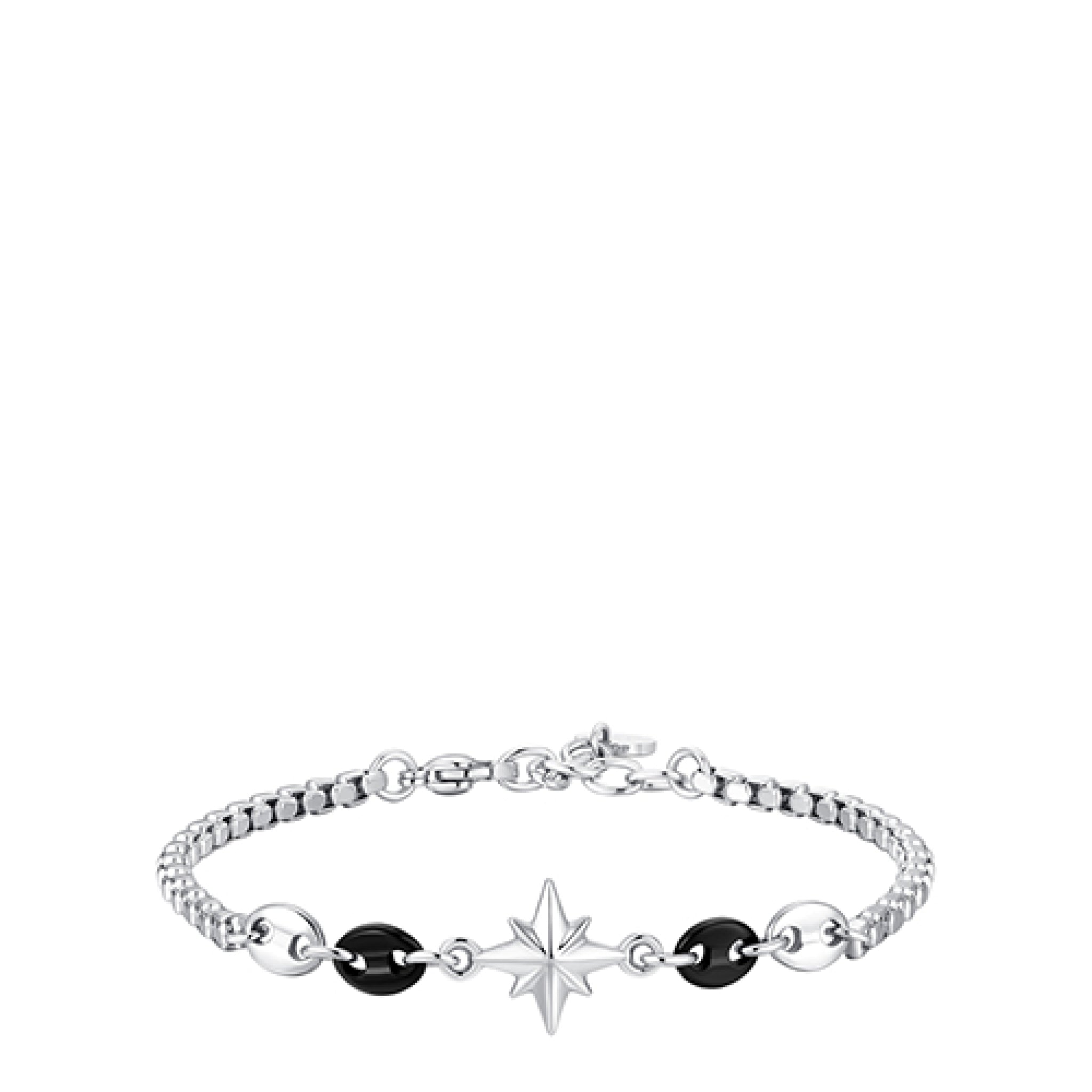 Silver-toned steel bracelet with a central silver-toned wind rose charm and two black oval beads on either side.