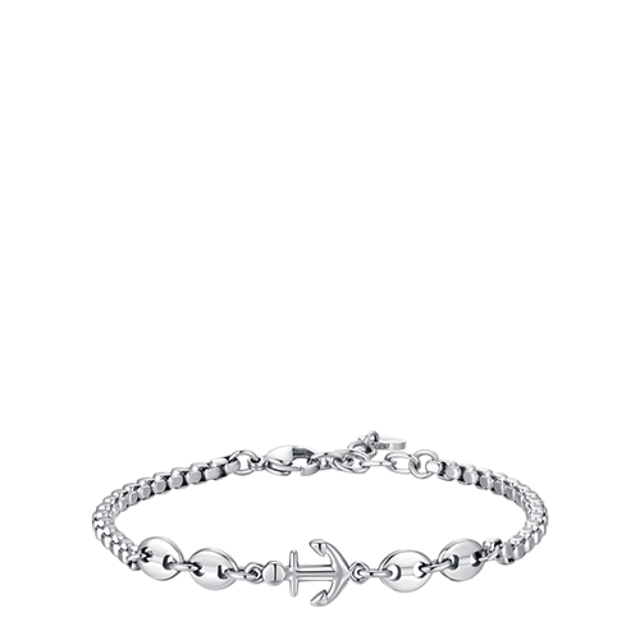 Silver-toned men's steel bracelet with a central anchor charm, featuring mixed box and oval chain links and a lobster clasp.