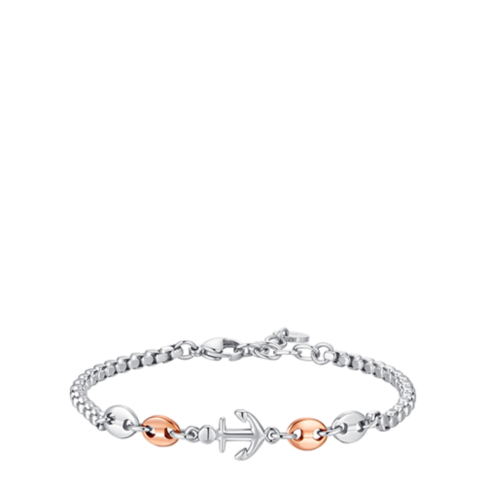 Men's steel bracelet with a silver-toned anchor charm and two rose gold-toned coffee bean links, featuring a silver-toned cha